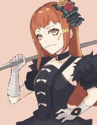 Rule 34 | 1girl, aqua eyeshadow, axe, bandaged arm, bandaged hand, bandages, black choker, black dress, choker, closed mouth, dress, eyeshadow, facial mark, fire emblem, fire emblem engage, fur sleeves, hair ornament, hand on own hip, highres, holding, holding axe, long hair, looking at viewer, makeup, nintendo, orange hair, panette (fire emblem), short bangs, sidelocks, simple background, solo, stitched mouth, stitches, tea6043, upper body, yellow eyes
