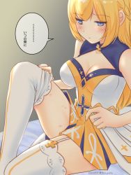 Rule 34 | 1girl, blonde hair, blue dress, blue eyes, blush, braid, breasts, cleavage, cleavage cutout, closed mouth, clothing cutout, commentary request, cross, dated, dress, dressing, expressionless, feet out of frame, french braid, garter straps, highres, long hair, medium breasts, ragnarok masters, ragnarok online, saint (ragnarok masters), short dress, sleeveless, sleeveless dress, solo, thighhighs, tomo-graphy, translation request, twitter username, white dress, white thighhighs, yellow dress