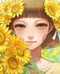 Rule 34 | 1girl, absurdres, bad id, bad twitter id, blunt bangs, blurry, blurry background, brown eyes, brown hair, closed mouth, commentary request, depth of field, flower, hair flower, hair ornament, highres, looking at viewer, original, romiy, short hair, smile, solo, sunflower, upper body, yellow flower