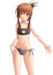 Rule 34 | 1girl, amano miyako, black bra, black panties, bra, brown eyes, brown hair, cat cutout, cat ear panties, cat lingerie, cleavage cutout, clothing cutout, flat chest, folded ponytail, frilled bra, frills, highres, inazuma (kancolle), kantai collection, long hair, looking at viewer, meme attire, panties, side-tie panties, simple background, solo, standing, underwear, underwear only, white background
