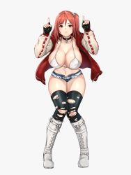 Rule 34 | 1girl, alternate costume, artist name, belt, bikini, bikini top only, boots, breasts, character name, choker, cleavage, cross-laced footwear, curvy, dead or alive, dead or alive 5, female focus, fingerless gloves, full body, gloves, hair ornament, highres, honoka (doa), huge breasts, jacket, kurone rinka, long hair, looking at viewer, navel, pout, red eyes, red hair, short shorts, shorts, side ponytail, solo, standing, stomach, swimsuit, thighhighs, torn clothes, torn thighhighs, watermark, web address, white background