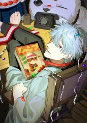 antique_phone black_pants cake confetti cover dog food from_above gen_me gintama highres japanese_clothes justaway kimono legs_on_table looking_at_viewer magazine_cover male_focus monkey_d._luffy one_piece out_of_frame pants phone red_eyes rotary_phone sadaharu sakata_gintoki shimura_shinpachi short_hair shounen_jump smile solo_focus white_dog white_hair white_kimono