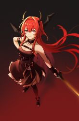 Rule 34 | 1girl, arknights, armlet, black background, black dress, black legwear, breasts, cleavage, closed mouth, collarbone, dress, floating hair, from above, full body, gradient background, hair between eyes, hair intakes, hand on own hip, holding, holding sword, holding weapon, horns, long hair, looking at viewer, medium breasts, red background, red eyes, red hair, short dress, sleeveless, sleeveless dress, solo, standing, surtr (arknights), sword, very long hair, weapon, yamakan hoshino