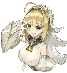 Rule 34 | :d, ahoge, blonde hair, breasts, bridal veil, chain, cleavage, detached sleeves, elbow gloves, fate/extra, fate/extra ccc, fate/grand order, fate (series), gloves, green eyes, hair intakes, juliet sleeves, large breasts, long sleeves, nero claudius (bride) (fate), nero claudius (bride) (second ascension) (fate), nero claudius (fate), nero claudius (fate) (all), nogami (minamiituki), open mouth, puffy sleeves, short hair, simple background, smile, solo, upper body, v over eye, veil, white background, white gloves, white sleeves, wide sleeves, zipper