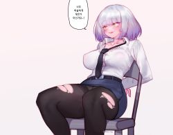 Rule 34 | 1girl, black pantyhose, blush, breasts, chair, collarbone, covered erect nipples, eonsang, girls&#039; frontline, highres, large breasts, long sleeves, medium hair, morridow (boss) (girls&#039; frontline), morridow (girls&#039; frontline), necktie, open mouth, pantyhose, shirt, shirt tucked in, silver hair, simple background, sitting, skirt, solo, torn clothes, torn pantyhose, translation request, white shirt, yellow eyes