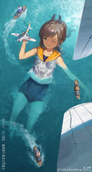Rule 34 | 1girl, absurdres, aircraft, airplane, blue one-piece swimsuit, brown eyes, brown hair, character name, collarbone, commentary request, dated, harusame tsubaki, highres, i-401 (kancolle), kantai collection, one-piece swimsuit, one eye closed, orange sailor collar, ponytail, sailor collar, school swimsuit, ship, shirt, short ponytail, side-tie shirt, sleeveless, sleeveless shirt, solo, swimsuit, swimsuit under clothes, translation request, twitter username, vehicle request, water, watercraft