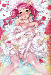 Rule 34 | 1girl, absurdres, bare shoulders, blush, breasts, choker, dress, elbow gloves, fishnets, flower, garter straps, gloves, green eyes, hair flower, hair ornament, highres, lips, long hair, lying, nipples, nishieda, on back, open mouth, panties, parted bangs, petals, pink hair, pink thighhighs, rose, scan, see-through, solo, sweatdrop, thighhighs, top pull, twintails, underwear, veil, wedding dress, white dress, white gloves, white panties