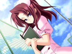 Rule 34 | 1girl, blue eyes, book, chain-link fence, fence, from below, game cg, happy hospital!, kagohara asuka, looking down, looking up, nurse, pen, purple hair, rooftop, solo, source request, sulking