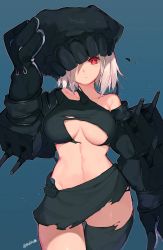 Rule 34 | 10s, 1girl, abyssal ship, bare shoulders, black gloves, blue background, breasts, collarbone, cowboy shot, gloves, gluteal fold, groin, hand on headwear, headgear, highres, kantai collection, large breasts, looking at viewer, midriff, mukka, navel, one eye covered, personification, red eyes, shirt, short hair, signature, simple background, single thighhigh, solo, text focus, thigh gap, thighhighs, torn clothes, torn shirt, torn thighhighs, tsu-class light cruiser, turret, weapon, white hair