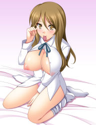 Rule 34 | 1girl, adjusting hair, alternate breast size, blush, breast slip, breasts, brown eyes, brown hair, condom, condom in mouth, extra, huge breasts, k-on!, kneeling, long hair, loose socks, mouth hold, narutaki shin, nipples, no bra, no pants, one breast out, open clothes, open shirt, shirt, socks, solo, tachibana himeko