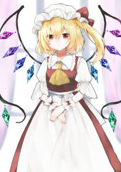 Rule 34 | 1girl, absurdres, ascot, blonde hair, blurry, blurry background, collar, commentary request, flandre scarlet, frilled collar, frilled sleeves, frills, hair between eyes, hat, highres, looking at viewer, mob cap, multicolored wings, parted lips, puffy short sleeves, puffy sleeves, red eyes, red vest, short sleeves, side ponytail, solo, touhou, vest, white hat, window, wings, wrist cuffs, yellow ascot, yurara (aroma42enola)