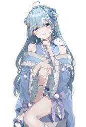 Rule 34 | 1girl, ahoge, amaui, animal, animal on shoulder, atsushima, blue bow, blue footwear, blue hair, blue kimono, blunt bangs, blush, bow, braid, commentary request, crescent, crescent hair ornament, crown braid, foot out of frame, frilled kimono, frilled sleeves, frills, grin, hair bow, hair ornament, hand on own chin, head tilt, highres, japanese clothes, kimono, leg up, long hair, long sleeves, looking at viewer, medium bangs, nanashi inc., neck ribbon, off shoulder, pink ribbon, rabbit, ribbon, shoes, side braid, simple background, sitting, smile, socks, solo, stool, virtual youtuber, white background, white bow, white socks, wide sleeves