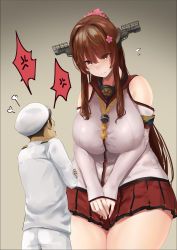 Rule 34 | 1boy, 1girl, absurdres, bare shoulders, breasts, brown eyes, brown hair, cherry blossoms, curvy, detached sleeves, flower, giant, giantess, hair flower, hair ornament, headgear, highres, hip vent, huge breasts, kantai collection, long hair, matching hair/eyes, plump, ponytail, shoulder cutout, size difference, tears, thick thighs, thighs, uru (uru0000), yamato (kancolle)