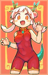 Rule 34 | 1girl, bachera, bangle, bodysuit, bracelet, breasts, claw pose, commentary request, cropped legs, dragon girl, dragon horns, dragon tail, hair bun, horns, jewelry, long hair, medium breasts, open mouth, original, pink hair, red bodysuit, red eyes, sharp teeth, solo, tail, teeth, twintails