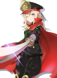 Rule 34 | 100, 100percent park, 1girl, ;), absurdres, black hat, black jacket, black pants, cape, cosplay, fate/grand order, fate (series), gloves, green eyes, grey gloves, hair between eyes, hat, highres, holding, holding sword, holding weapon, jacket, katana, military, military uniform, oda nobunaga (fate), oda nobunaga (fate) (cosplay), oda nobunaga (koha-ace), okita souji (fate), okita souji (koha-ace), one eye closed, pants, red cape, simple background, smile, solo, sparkle, standing, sword, uniform, weapon, white background