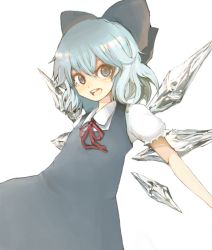 Rule 34 | 1girl, bad id, bad pixiv id, bow, cirno, dress, grey eyes, hair bow, monorino, neck ribbon, open mouth, ribbon, silver hair, smile, solo, embodiment of scarlet devil, touhou, wings
