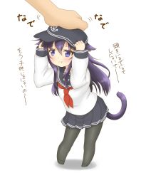 Rule 34 | 10s, 1girl, :t, akatsuki (kancolle), anchor symbol, animal ears, black pantyhose, blue eyes, cat ears, cat tail, full body, hand on another&#039;s head, hands on headwear, hat, head pat, headpat, highres, kantai collection, kemonomimi mode, kyounami, long hair, miniskirt, neckerchief, pantyhose, pleated skirt, purple hair, red neckerchief, school uniform, serafuku, simple background, skirt, solo, solo focus, standing, tail, translated, white background