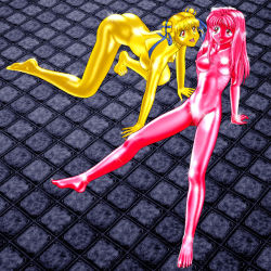 Rule 34 | 2girls, all fours, barefoot, bodypaint, breasts, censored, gold skin, goldleaf, metal skin, multiple girls, naughty face, shiny skin, sitting, tile floor, tiles, toes, tongue, tongue out