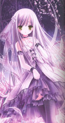 Rule 34 | 1girl, absurdres, bare shoulders, bdsm, bondage, bound, chain, cuffs, elbow gloves, feathers, flat chest, frilled thighhighs, frills, gloves, highres, lace, looking at viewer, outdoors, petticoat, purple hair, silver hair, solo, thighhighs, tinker bell (pixiv 10956015), veil, yellow eyes