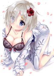 Rule 34 | 10s, 1girl, all fours, bad anatomy, bare legs, blue eyes, blush, bra, breasts, female focus, fukuda shuushi, hair ornament, hair over one eye, hairclip, hamakaze (kancolle), highres, japanese clothes, kantai collection, kimono, large breasts, looking at viewer, short hair, silver hair, solo, underwear, yukata