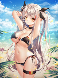 Rule 34 | 1girl, :q, armpits, arms behind head, arms up, azur lane, bare shoulders, beach, bikini, black bikini, black choker, black ribbon, blush, breasts, choker, cleavage, collarbone, commentary, cowboy shot, day, flag print, german flag bikini, groin, hair ribbon, highres, large breasts, long hair, looking at viewer, mellozzo, mole, mole on breast, multicolored hair, navel, orange eyes, outdoors, prinz eugen (azur lane), prinz eugen (unfading smile) (azur lane), ribbon, side-tie bikini bottom, silver hair, slit pupils, smile, solo, standing, streaked hair, swept bangs, swimsuit, thigh strap, tongue, tongue out, two side up, very long hair