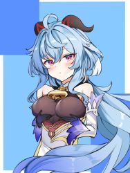 Rule 34 | 1girl, ahoge, bare shoulders, bell, black gloves, blue hair, blush, grabbing another&#039;s breast, breasts, detached sleeves, ganyu (genshin impact), genshin impact, gloves, gold trim, grabbing, grabbing own breast, highres, hino kagutsuki, horns, large breasts, long hair, looking at viewer, low ponytail, neck bell, purple eyes, sidelocks, solo, upper body, white sleeves