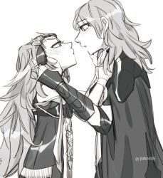 Rule 34 | 2girls, armor, black cape, braid, byleth (female) (fire emblem), byleth (fire emblem), cape, fire emblem, fire emblem: three houses, from side, greyscale, hair ornament, hair ribbon, hands on another&#039;s face, highres, long hair, md5 mismatch, medium hair, monochrome, multiple girls, nimae04, nintendo, pointy ears, pout, ribbon, ribbon braid, sothis (fire emblem), tiara, upper body, white background, yuri