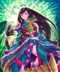 Rule 34 | 1girl, absurdly long hair, bamboo, bamboo forest, bell, black hair, blue eyes, detached sleeves, hand fan, floating hair, forest, hair bell, hair ornament, hair ribbon, highres, hisakata souji, holding, holding fan, japanese clothes, long hair, looking at viewer, low-tied long hair, midriff, nature, navel, outdoors, parted lips, red ribbon, ribbon, shadowverse, solo, stomach, very long hair, white ribbon