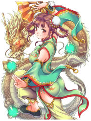 Rule 34 | 1girl, blush, braid, breasts, brown hair, bun cover, china dress, chinese clothes, closed mouth, detached sleeves, double bun, dragon, dress, eastern dragon, fighting stance, hair bun, hip vent, hisho collection, large breasts, long sleeves, official art, red eyes, short hair, sleeveless, sleeveless dress, smile, solo, toshi, twin braids, wide sleeves