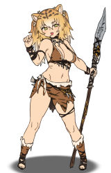 Rule 34 | 1girl, animal ears, animal print, bare shoulders, bikini, blonde hair, blush, boots, breasts, brown bikini, brown footwear, fang, full body, green eyes, hair between eyes, highres, holding, holding polearm, holding weapon, houtengeki, jewelry, loincloth, looking at viewer, medium breasts, navel, necklace, open mouth, original, pigeon-toed, polearm, simple background, skin fang, solo, standing, swimsuit, tiger ears, tiger print, tooth necklace, tribal, twintails, weapon, white background
