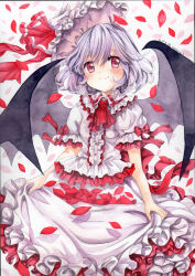 1girl artist_name ascot bat_wings blush bow center_frills closed_mouth collared_shirt commentary_request dated falling_petals frilled_shirt_collar frills hat hat_ribbon mob_cap mosho petals puffy_short_sleeves puffy_sleeves purple_hair red_ascot red_bow red_eyes red_petals remilia_scarlet ribbon shirt short_sleeves skirt skirt_hold sleeve_bow smile solo touhou traditional_media white_hat white_shirt white_skirt wings