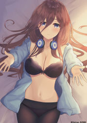 Rule 34 | 1girl, absurdres, bed, bed sheet, black bra, black panties, black pantyhose, blue cardigan, blue eyes, blush, bra, breasts, brown hair, cardigan, cleavage, collarbone, commentary, cowboy shot, from above, go-toubun no hanayome, hair between eyes, headphones, headphones around neck, highres, large breasts, long hair, looking at viewer, lying, midriff, nakano miku, navel, on back, on bed, open cardigan, open clothes, outstretched arms, panties, panties under pantyhose, pantyhose, parted lips, solo, sunlight, tansan gitune, twitter username, underwear
