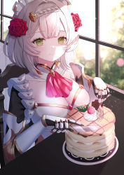 Rule 34 | 1girl, absurdres, armor, armored dress, ascot, braid, flower, food, fork, gauntlets, genshin impact, green eyes, grey hair, hair flower, hair ornament, highres, knife, light blush, looking at viewer, maid headdress, mochi mochi052, noelle (genshin impact), pancake, plate, red ascot, smile, solo, window