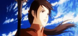 Rule 34 | 1girl, animated, animated gif, balsa, blue sky, brown hair, lowres, polearm, seirei no moribito, sky, solo, spear, weapon, wind