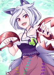 Rule 34 | 1girl, animal ear fluff, animal ears, bare shoulders, bear trap, benizuwai, breasts, clenched hand, collarbone, cowboy shot, dog ears, dog tail, fangs, fingernails, grey hair, highres, jewelry, looking at viewer, medium breasts, mitsugashira enoko, nail polish, necklace, off-shoulder shirt, off shoulder, open mouth, pendant, purple nails, purple shirt, red eyes, red skirt, sharp fingernails, shirt, short hair, skirt, sleeveless, solo, tail, touhou, triangle print