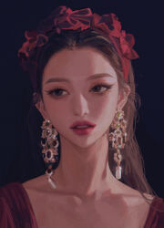 Rule 34 | 1girl, black background, brown eyes, brown hair, collarbone, earrings, hair behind ear, hairband, jewelry, k-pop, korean commentary, long hair, looking to the side, parted lips, photo-referenced, portrait, real life, realistic, red hairband, red lips, red velvet (group), seulgi (red velvet), zero q 0q