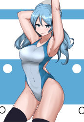 Rule 34 | 1girl, absurdres, arm behind back, arm up, black thighhighs, blue eyes, blue hair, breasts, collarbone, competition swimsuit, cowboy shot, double bun, hair between eyes, hair bun, hat, highres, kantai collection, large breasts, looking at viewer, one-piece swimsuit, open mouth, sailor hat, solo, swimsuit, thighhighs, tokiwa senkei, two-tone background, two-tone swimsuit, urakaze (kancolle)