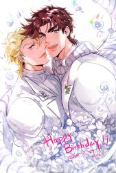 Rule 34 | 2boys, battle tendency, blonde hair, blue eyes, bow, bowtie, brown hair, caesar anthonio zeppeli, cheek-to-cheek, face-to-face, facial mark, formal, green eyes, happy birthday, hatoyama itsuru, heads together, highres, jojo no kimyou na bouken, joseph joestar, joseph joestar (young), lapels, male focus, multiple boys, scarf, striped clothes, striped scarf, suit, tuxedo, white scarf, white suit