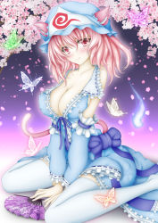 Rule 34 | 1girl, animal ears, arm warmers, blush, branch, breasts, bug, butterfly, cat ears, cat tail, cherry blossoms, cleavage, folding fan, hand fan, hat, highres, hitodama, insect, kemonomimi mode, large breasts, long sleeves, looking at viewer, looking to the side, petals, pink eyes, pink hair, saigyouji yuyuko, short hair, sitting, smile, solo, sturm (arowana kingyo), tail, thighhighs, touhou, triangular headpiece, v arms, wariza, white thighhighs