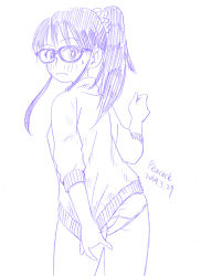 Rule 34 | 1girl, black hair, blush, commentary request, covering privates, covering ass, cowboy shot, embarrassed, facing away, glasses, graphite (medium), hair ornament, hair scrunchie, hand up, koiwai koharuko, long hair, looking at viewer, looking back, monochrome, open mouth, panties, peacock (p-location), ponytail, scrunchie, signature, simple background, sketch, solo, standing, sweater, thighs, traditional media, turtleneck, turtleneck sweater, underwear, white background, yotsubato!
