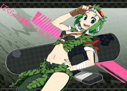 Rule 34 | 1girl, aqua nails, asymmetrical clothes, bokura no 16bit warz (vocaloid), chan co, cowboy shot, fingerless gloves, front-tie top, gloves, goggles, goggles on head, green eyes, green hair, gumi, headphones, headset, matching hair/eyes, midriff, nail polish, navel, nuclear weapon, open fly, open mouth, shirt, short hair, smile, solo, tied shirt, unzipped, vocaloid