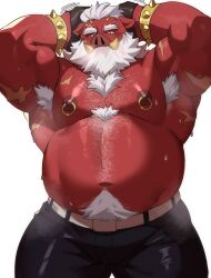 1boy animal_ears armpit_hair armpits arms_behind_head bara bare_pectorals beard belly big_daddy_(zenless_zone_zero) black_pants blush boar_boy boar_ears bracelet chest_hair colored_skin commentary earrings english_commentary facial_hair fat fat_man furry furry_male highres jewelry looking_at_viewer male_focus minkz_(whitebeast20) multiple_scars navel navel_hair nipple_piercing nipples pants pectorals piercing red_skin scar scar_on_arm spiked_bracelet spikes sweat sweatdrop topless_male tusks very_sweaty white_background white_hair zenless_zone_zero