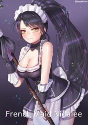 Rule 34 | 1girl, alternate costume, bad id, bad pixiv id, bare shoulders, black hair, blush, breasts, cleavage, cuffs, enmaided, forehead jewel, french maid nidalee, hanato (seonoaiko), holding, holding weapon, large breasts, league of legends, light smile, long hair, looking at viewer, maid, maid headdress, nidalee, ponytail, simple background, smile, solo, twitter username, very long hair, weapon, yellow eyes
