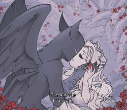 Rule 34 | 1boy, 1girl, animal ears, bird boy, blood, blood on hands, closed eyes, couple, dress, english text, face-to-face, feathered wings, flower, greyscale, hand on another&#039;s face, imminent kiss, long hair, monochrome, open mouth, overgrown, plant, princess (slay the princess), red flower, scratches, slay the princess, talons, the hero (slay the princess), the thorn (slay the princess), thorns, vines, wings