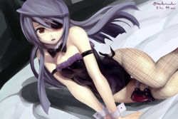 Rule 34 | 10s, 1girl, artist name, blush, bow, breasts, collar, completion time, cuffs, eyepatch, fishnet pantyhose, fishnets, infinite stratos, laura bodewig, long hair, maullarmaullar, on bed, pantyhose, photo-referenced, purple hair, red eyes, solo, thigh gap, twitter username