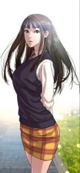Rule 34 | 1girl, black sweater, brown hair, choi bomi, closed mouth, highres, long hair, looking at viewer, shirt, skirt, smile, solo, sweater, very long hair, viral hit, white shirt, yellow skirt