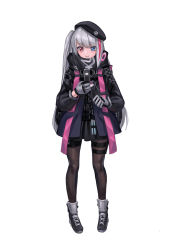 Rule 34 | 1girl, belt, beret, black hat, black pantyhose, blue eyes, camera phone, cellphone, commentary request, flip phone, full body, girls&#039; frontline, gloves, grey gloves, grey hair, hat, heterochromia, highres, jacket, kuro (zhurunbo1997), long hair, long sleeves, mdr (girls&#039; frontline), multicolored hair, pantyhose, phone, pink eyes, pink hair, shoes, side ponytail, sidelocks, simple background, smile, solo, stitching, strap, streaked hair, tactical clothes, thigh strap, white background, zipper