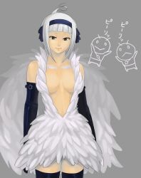Rule 34 | 1girl, angel (fairy tail), breasts, elbow gloves, fairy tail, feathers, gemini (fairy tail), ginger (artist), gloves, hairband, looking at viewer, no bra, standing, white hair