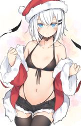 Rule 34 | 1girl, bare shoulders, bikini, black bikini, black thighhighs, blue eyes, blush, christmas, closed mouth, collarbone, commentary request, cowboy shot, fur trim, hair ornament, hairclip, hat, highleg, highleg panties, highres, jacket, looking at viewer, navel, open clothes, original, otokuyou, panties, red hat, red jacket, ringo-chan (otokuyou), santa costume, santa hat, short hair, short shorts, shorts, solo, standing, stomach, swimsuit, thighhighs, underwear, white hair