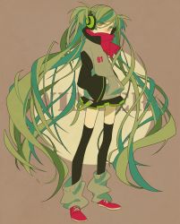 Rule 34 | 1girl, full body, green eyes, green hair, hatsune miku, headphones, highres, long hair, looking at viewer, matching hair/eyes, miniskirt, mochizuki kei, red scarf, scarf, skirt, solo, standing, thighhighs, twintails, very long hair, vocaloid